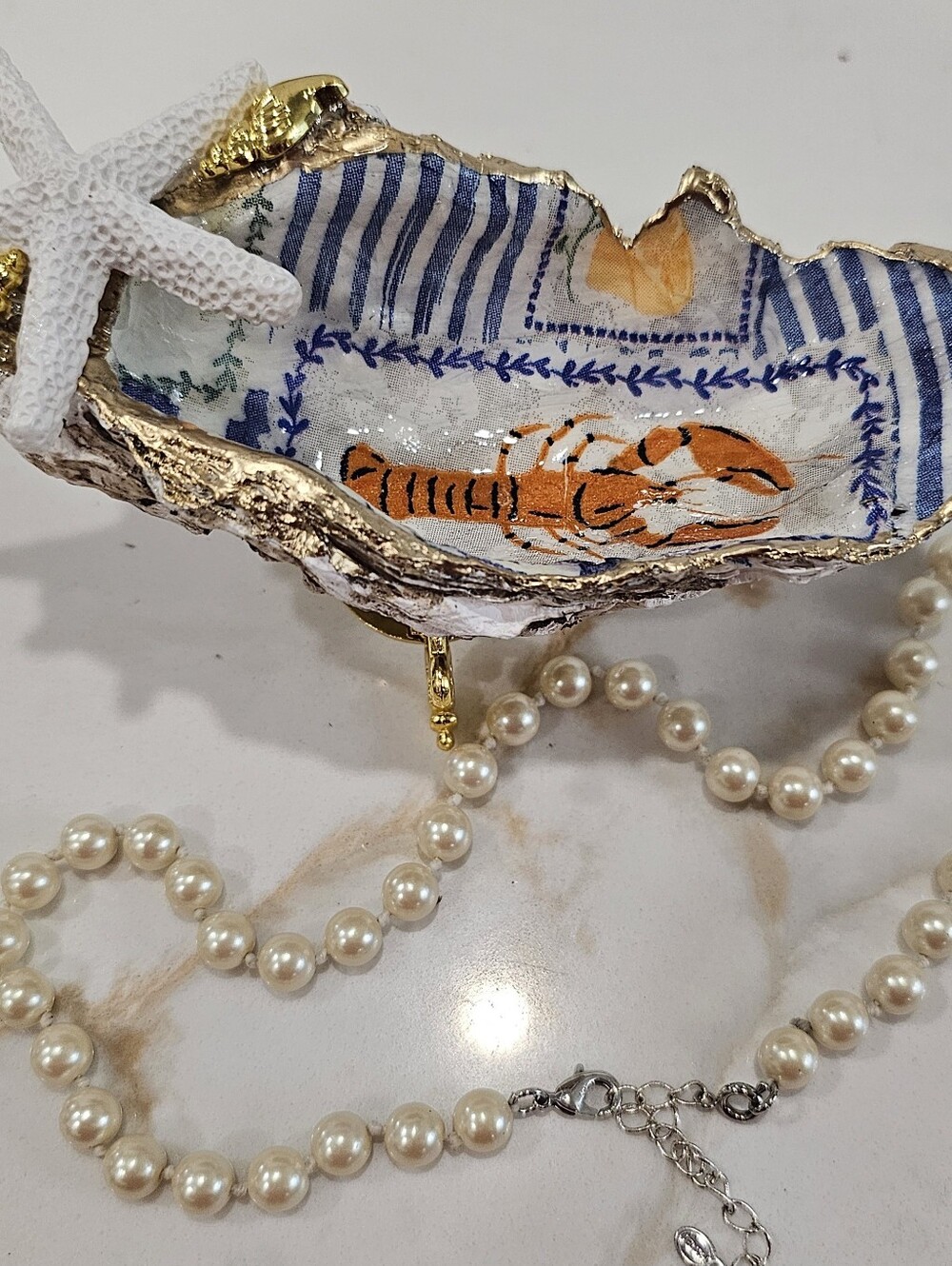 Handmade Lobster Print Decoupage Oyster Shell Trinket Dish w/ Gold Trim & Stand